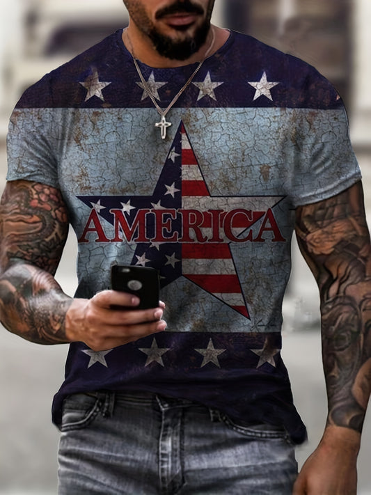 American Flag Pattern Star & Letter 3D Digital Print Graphic T-shirts, Causal Tees, Short Sleeves Comfortable Pullover Tops, Men's Summer Clothing