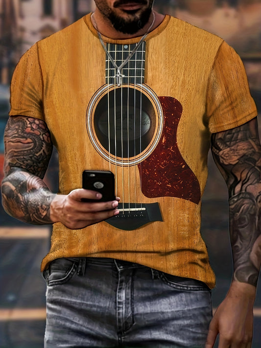 3D Guitar Print Men's T-shirt For Summer Outdoor, Men's Vintage Crew Neck Tops